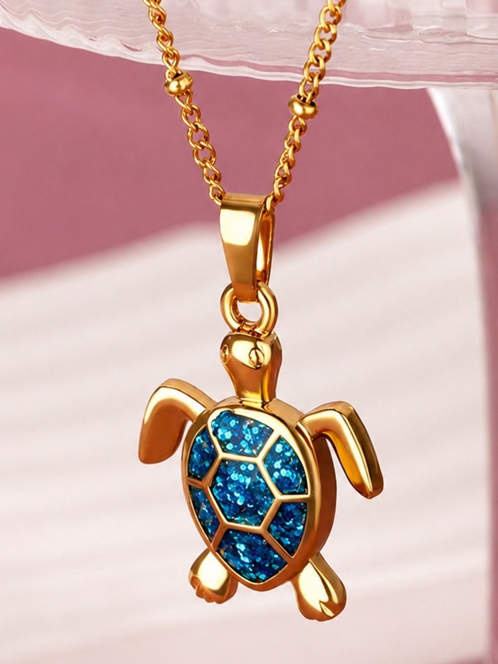 Gold Turtle Pendant Necklace with Blue Shell